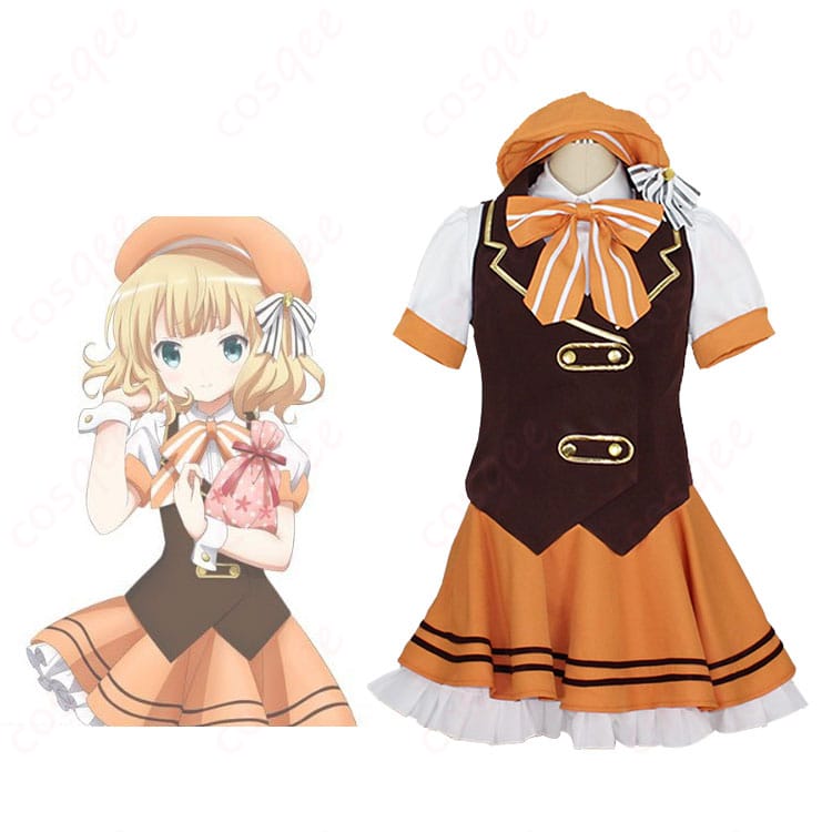 「ご注文はうさぎですか?」 シャロのメイド服コスプレ衣装 正面とキャラクターのシーン写真。アニメキャラクターと一緒に着る魅力的なコスプレ衣装。