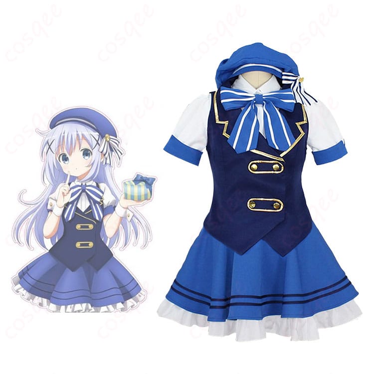 商品正面とキャラクターの組み合わせ写真 - 『ご注文はうさぎですか？』香風智乃（チノ）のメイド服コスプレ衣装、可愛らしいデザインと精緻な刺繍が特徴。コスプレ衣装として完璧な再現度！