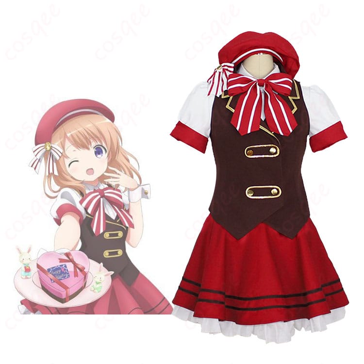「ご注文はうさぎですか?」ココアのメイド服コスプレ衣装の正面とキャラクターとの組み合わせ。