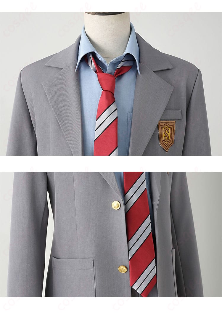 有馬公生のコスプレ衣装の装飾詳細。制服の刺繍、ボタン、その他細かいディテールをお楽しみください。