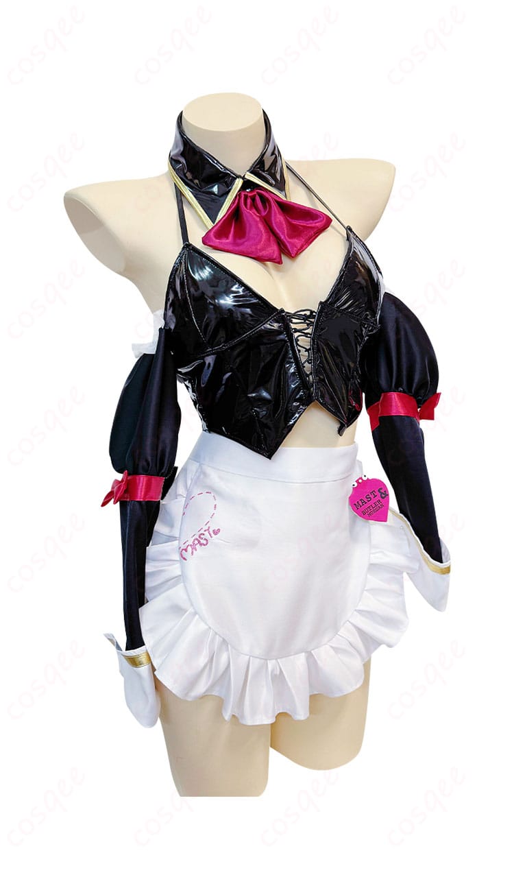 ロマンチックメイドコスプレ衣装の詳細。ドレス、リボン、手袋の精巧なデザインを強調。高品質な素材と仕上がりで、長時間の着用にも最適です。