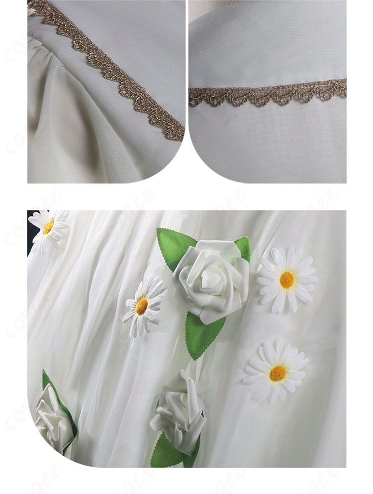 衣装の衣領とスカートの花柄装飾。可愛らしいディテールが特徴のフリーレン衣装。