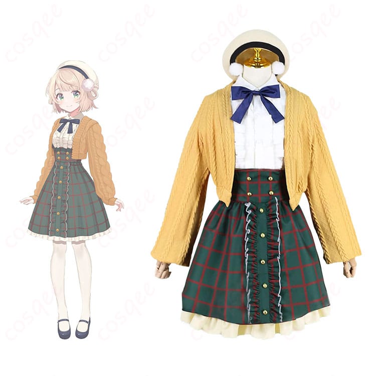 商品正面としぐれういキャラクターのコスプレ衣装が一緒に写った画像。しぐれういコスプレ衣装の詳細なデザインが見られます。