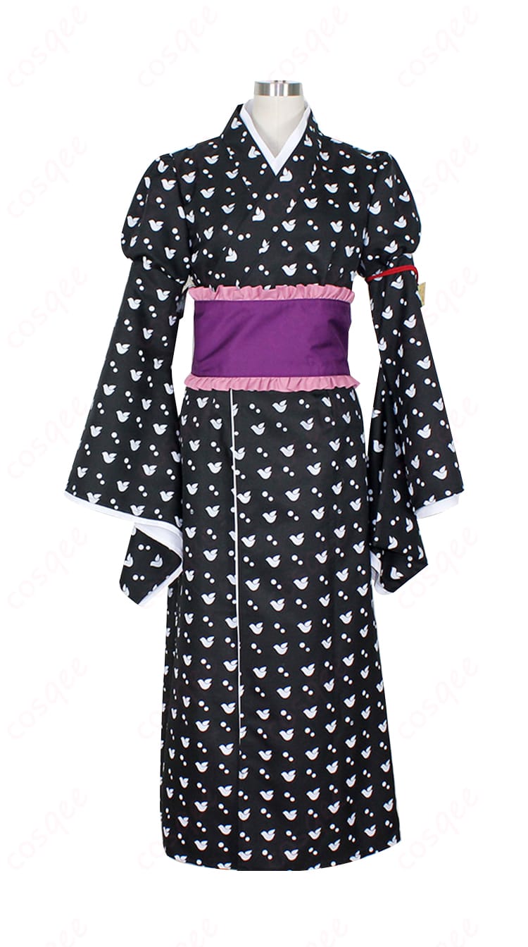 服装正面細部画像 - 和服メイド服コスプレ衣装のフロントデザインの詳細、花柄や刺繍の美しさを強調。