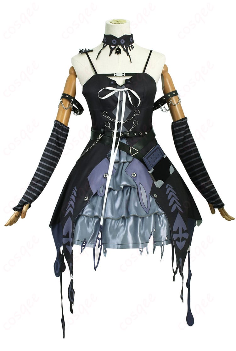 シオリ・ノヴェラ コスプレ衣装正面ディテール、繊細な刺繍と装飾