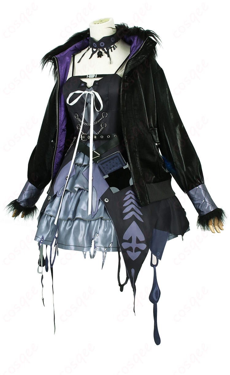 シオリ・ノヴェラ コスプレ衣装側面図、衣装の美しいラインとディテール