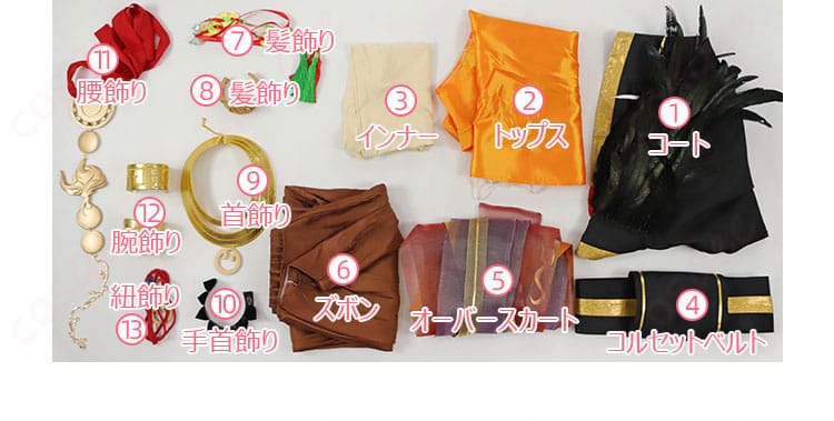 無期迷途 ヤオ コスプレ衣装 燃える神舞 セット内容展示図。コート、トップス、インナー、コルセットベルトなど、すべてが揃ったフルセット。