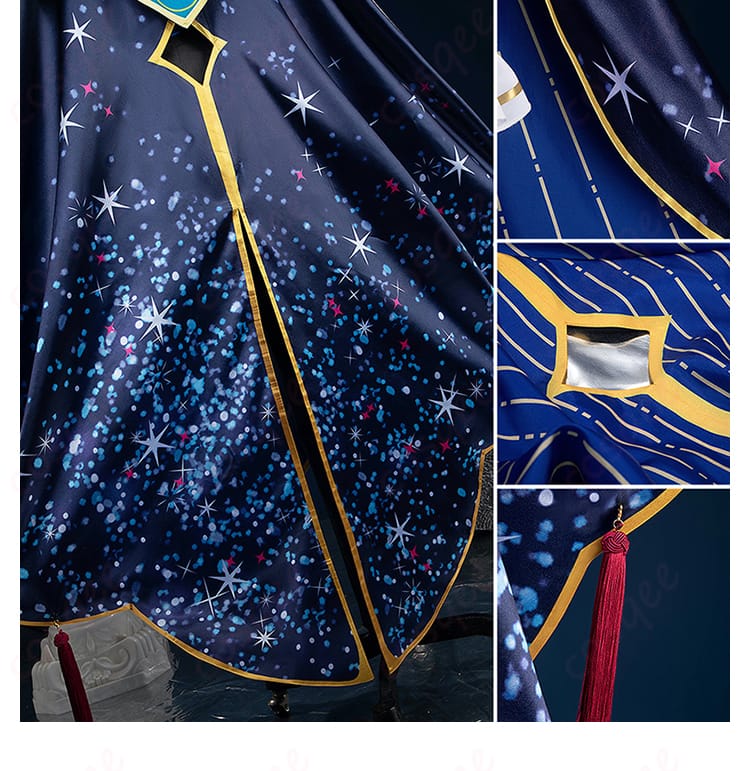 披風の裾装飾の詳細。美しい装飾が衣装の華やかさを引き立てます。