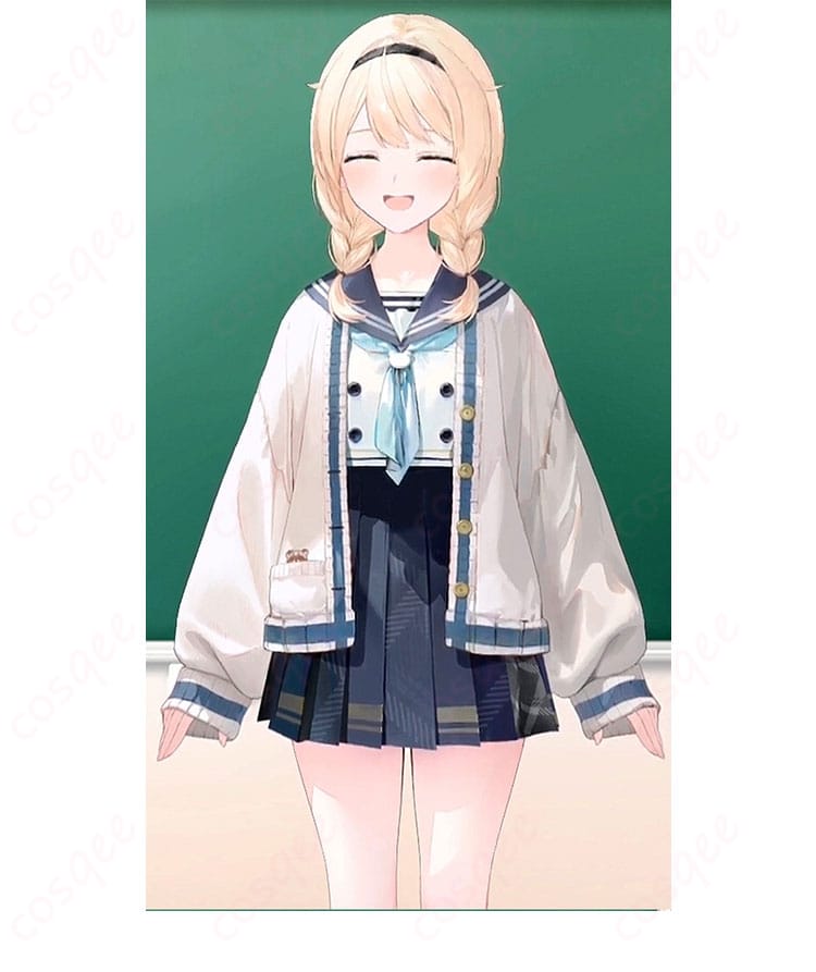 風真いろはのセーラー服の外套を着たキャラクター画像。衣装のデザインとディテールをしっかりと見せる一枚。コスプレ衣装の特徴がよくわかります。