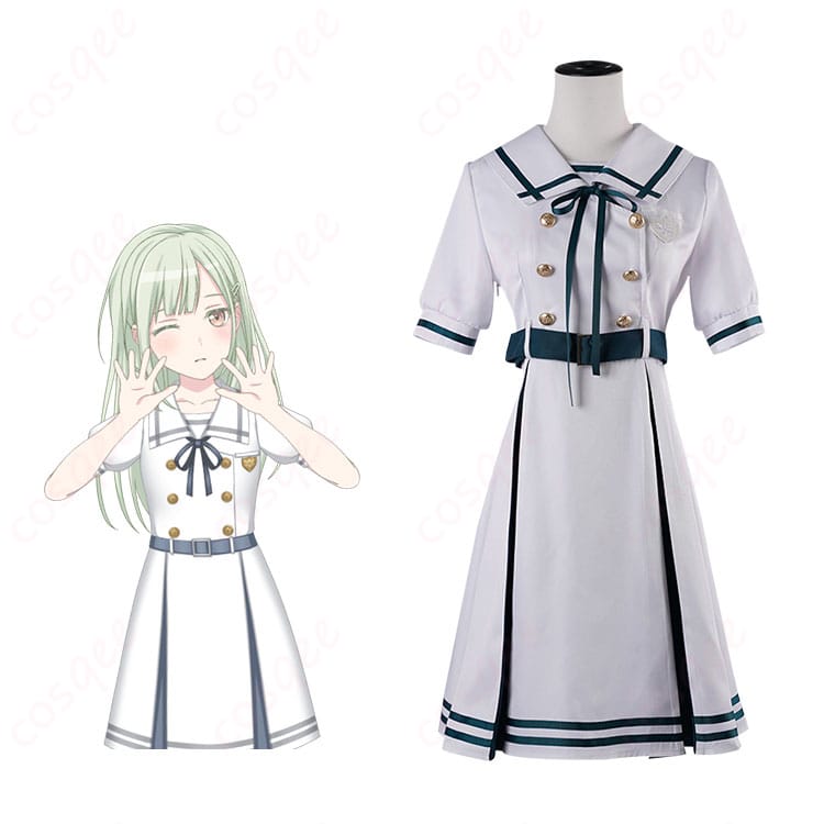 商品正面とキャラクターのコスプレ衣装を組み合わせた画像 - 若葉睦 コスプレ衣装 月ノ森女子学園夏制服