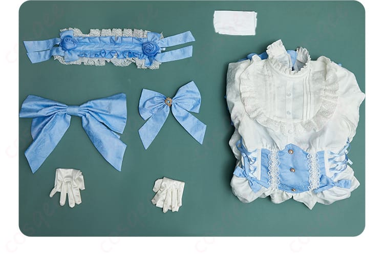 レム ゴシックドレス姿 コスプレ衣装セットの全体内容。ワンピース、髪飾り、スカーフなどが含まれています。