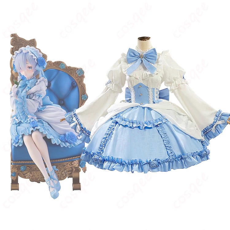 レム ゴシックドレス姿 コスプレ衣装の正面とキャラクターを組み合わせた写真。高再現度のディテールが特徴。