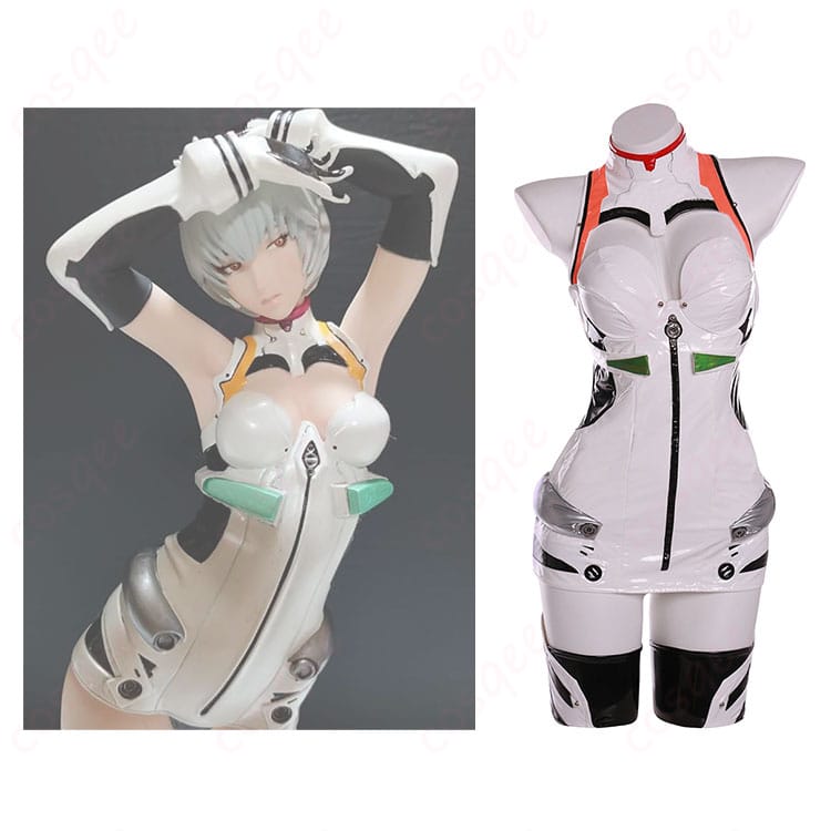 綾波レイ コスプレ衣装の正面とキャラクターのコラボ画像。高再現度で快適な着用感を提供します。
