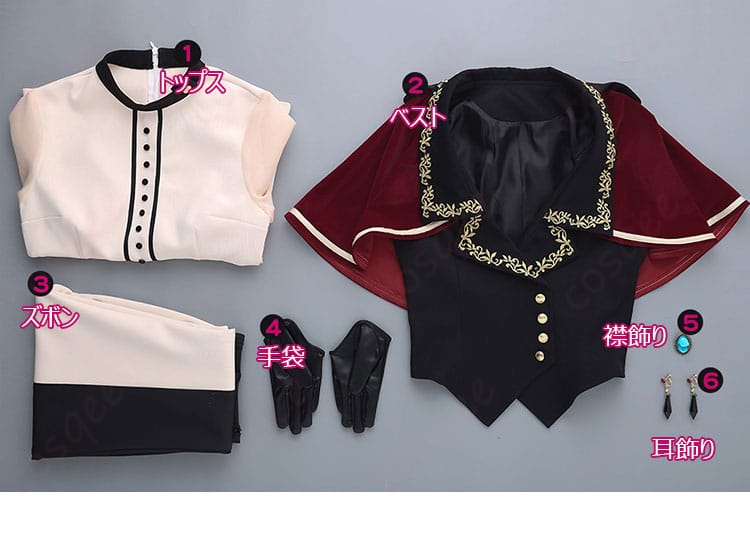 セット内容を展示する画像。コスプレ衣装のセット内容を確認でき、どのアイテムが含まれているかが分かります。