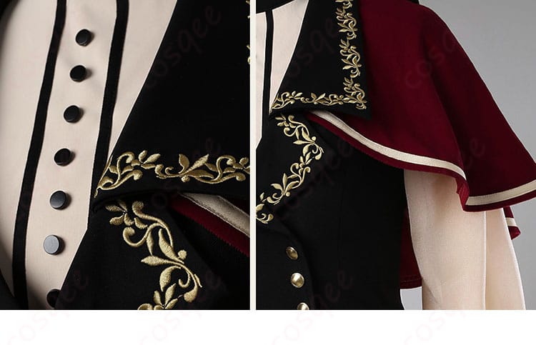 服装の襟装飾の詳細。ティモリスのコスプレ衣装の襟部分の美しい装飾に注目。