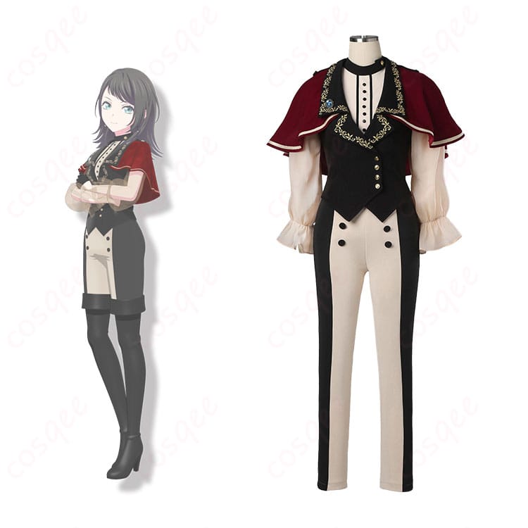 商品正面とティモリス、八幡海鈴のキャラクターが一緒に写っているコスプレ衣装画像。BanG Dream!ティモリスコスプレ衣装の魅力を感じてください。