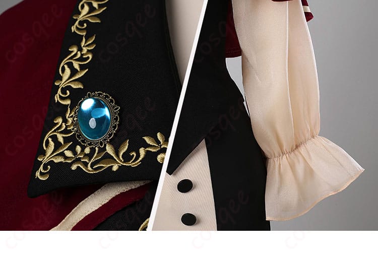 衣領と袖の細部。ティモリスのコスプレ衣装の衣領と袖のデザインに注目してください。