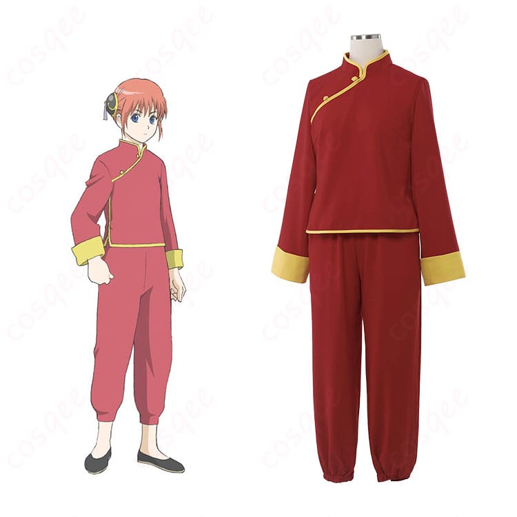 商品服装とキャラクター神楽のコスプレ衣装を合わせた画像。銀魂 神楽 チャイナ服 コスプレ衣装の魅力が一目でわかります。