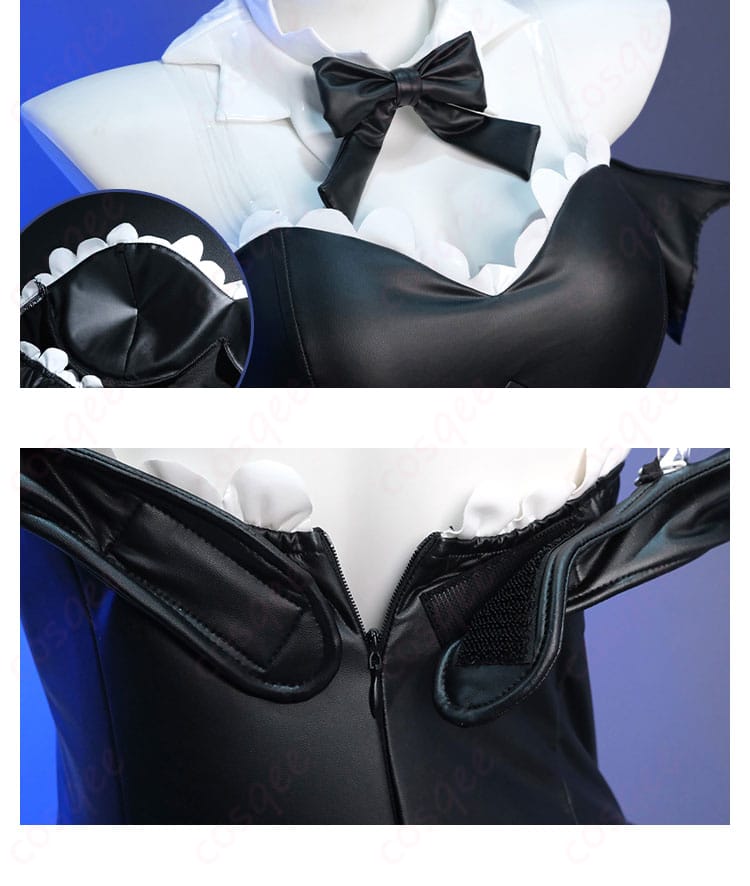 服の布地、首飾り、背中の装飾の詳細。高品質な布地と幻想的な装飾が施されたレム コスプレ衣装。