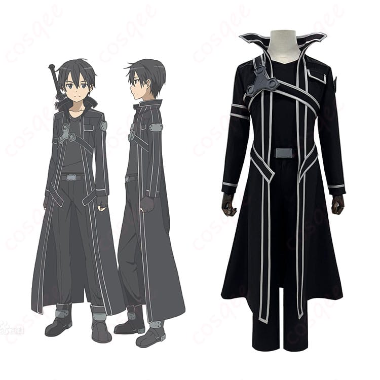 キリト コスプレ衣装 ソードアート・オンライン 作品のキャラクターと衣装が一緒に写った画像。コスプレイベントに最適な衣装。