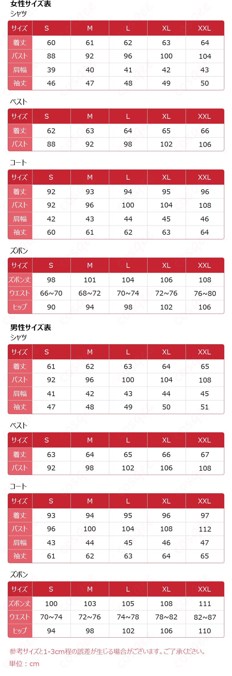 「第五人格」騎士(リチャード・スターリング)コスプレ衣装のサイズと対応データを示す画像。サイズ選びの参考に。
