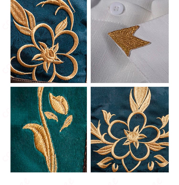 「第五人格」騎士のコスプレ衣装の花柄装飾ディテール。細かいパターンが精緻に再現されています。