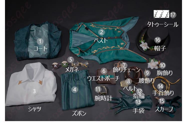 「第五人格」騎士(リチャード・スターリング)コスプレ衣装のセット内容を展示した画像。付属品全てが含まれています。