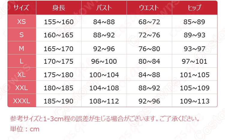 サイズと寸法の対応データ画像 - コスプレ衣装のサイズガイドと寸法データの画像