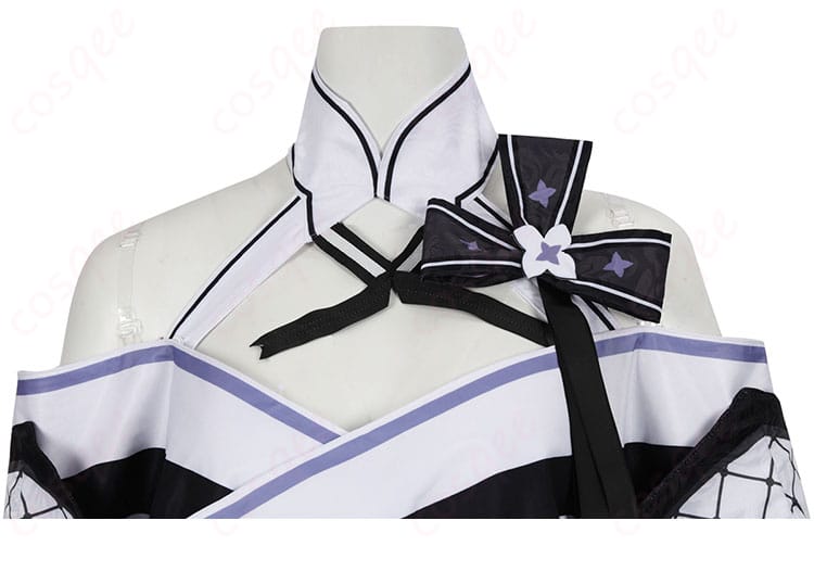 着物の胸元の装飾をクローズアップした画像。繊細な刺繍や装飾が際立つ美しいディテール。