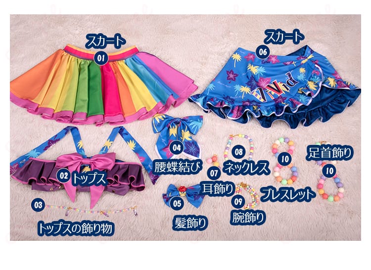 神崎美月のコスプレ衣装セット内容を紹介する画像。トップス、スカート、髪飾りなど、フルセットで再現されたアイカツオンパレード!の衣装が見どころ。