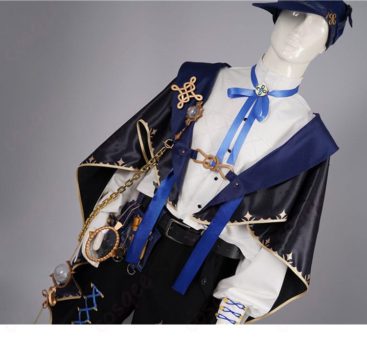 鑑定士の服の襟部分の装飾ディテール。精緻な刺繍とデザインが魅力。