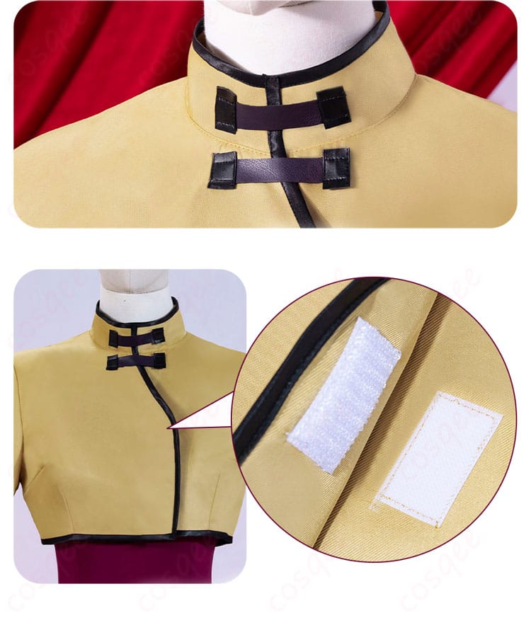 C.C.コスプレ衣装の襟元と斜め襟の細部、洗練されたディテール