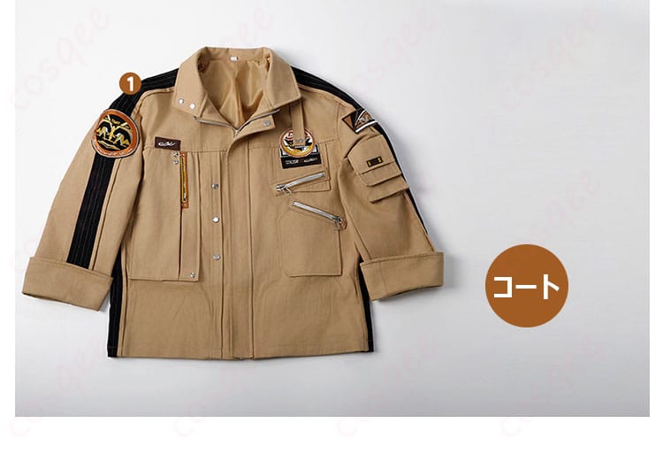 マヒルのコスプレ衣装のセット内容。コートと肩ベルトなど、フルセットが一目で分かるイメージ。