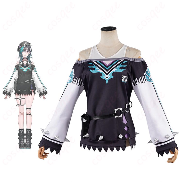 ホロライブ 輪堂千速 コスプレ衣装とキャラクター人物が一緒に写っている画像。忠実な再現度のコスプレ衣装です。