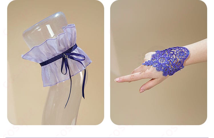 腕飾りやアクセサリーのディテール。コスプレ衣装のアクセサリーと装飾の精緻さを表現。