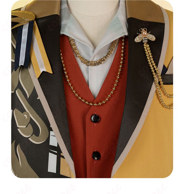 服装の領口装飾のディテール。衣装の首元に施された精緻なデザインが特徴的。