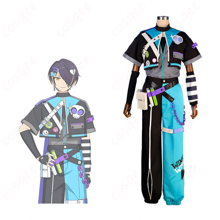 商品服装とキャラクターの組み合わせ写真。あんさんぶるスターズの仙石忍・伏見弓弦・紫之創のウィンクキラー衣装。