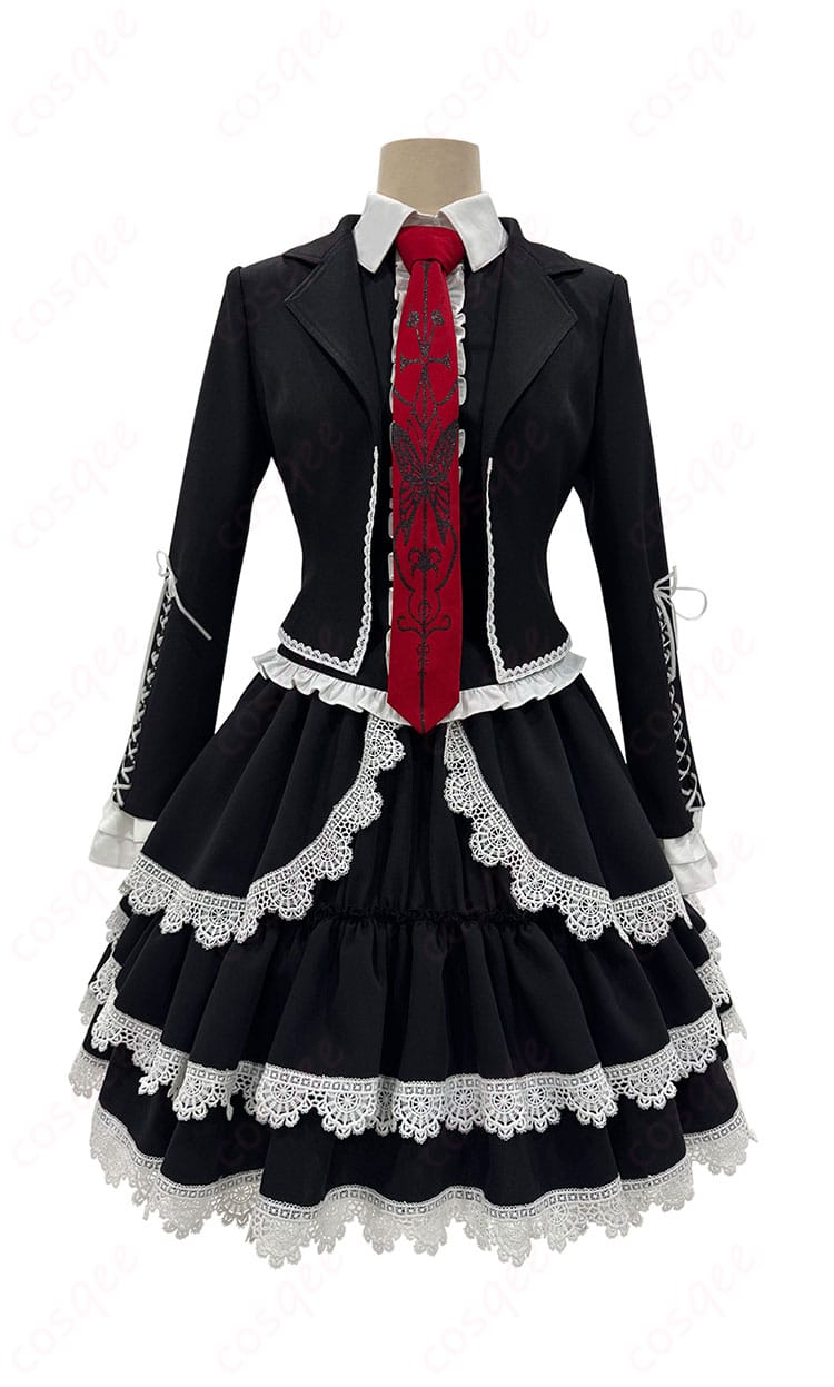 セレスティア・ルーデンベルク ゴスロリコスプレ衣装の正面図。高還元度デザインで、ダンガンロンパファン必見!