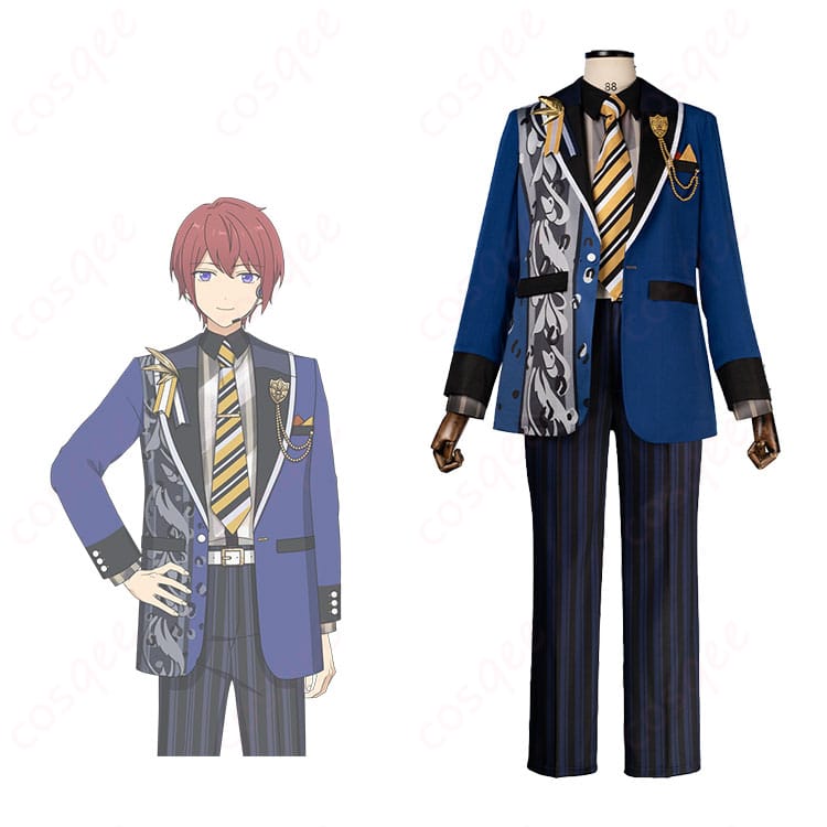 あんさんぶるスターズ!!のキャラクターとコスプレ衣装を組み合わせた画像。朱桜司、月永レオ、朔間凛月の衣装が忠実に再現されています。