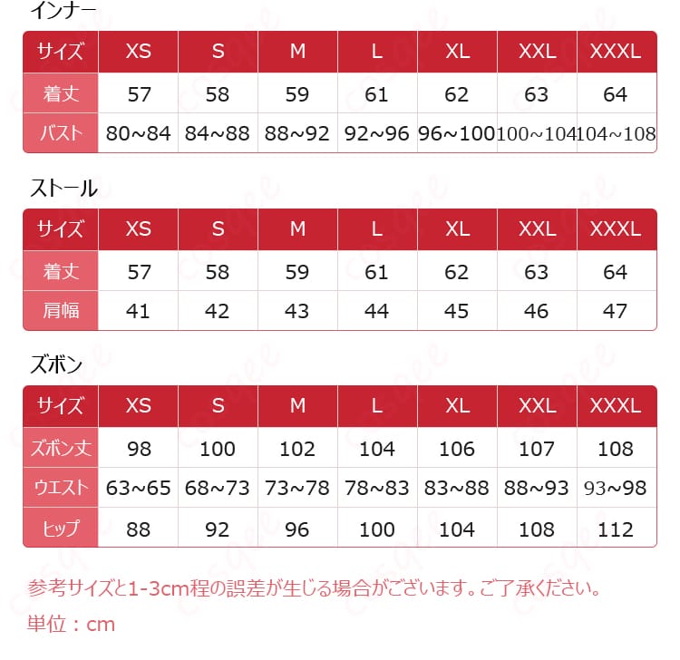 アナイクスのコスプレ衣装のサイズと寸法に関する情報を表示した画像。各サイズの対応表と正確なサイズ感をチェック。