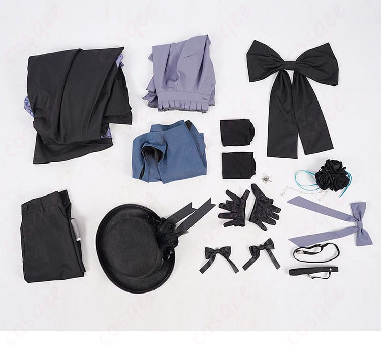 シエル・ファントムハイヴ コスプレ衣装 27巻 全セット内容を紹介する画像。コート、ベスト、手袋、リボンなど。