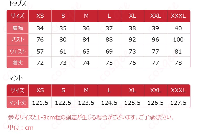 アルトリア・ペンドラゴン(セイバー) コスプレ衣装 サイズと寸法の対応表 ぴったりサイズを選べます