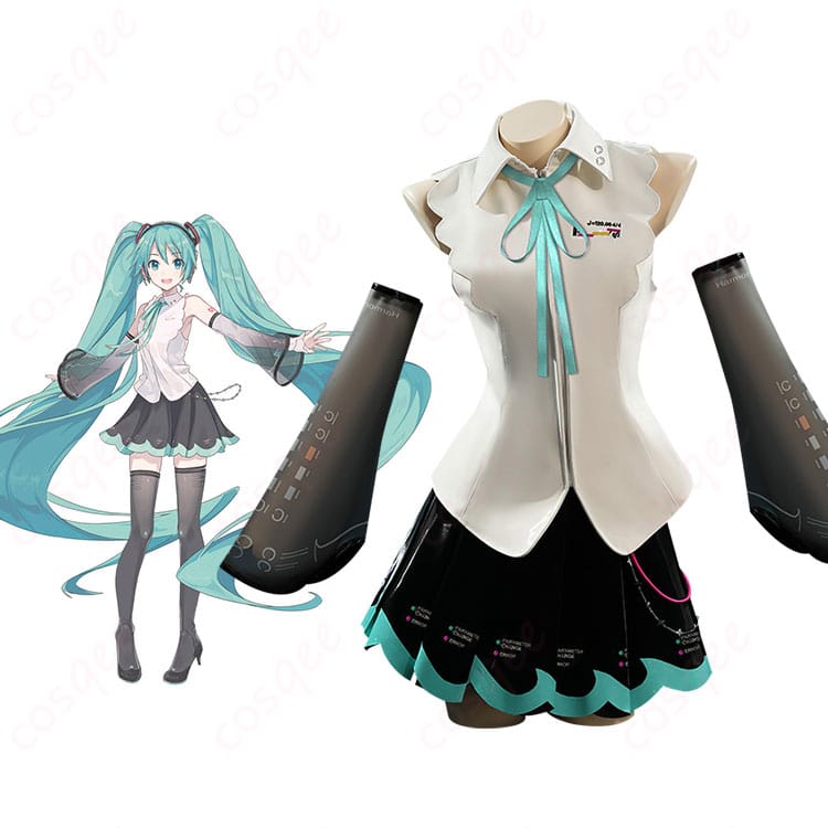 初音ミクのコスプレ衣装とキャラクターのデザインを比較した画像。高再現度で魅力的な衣装。