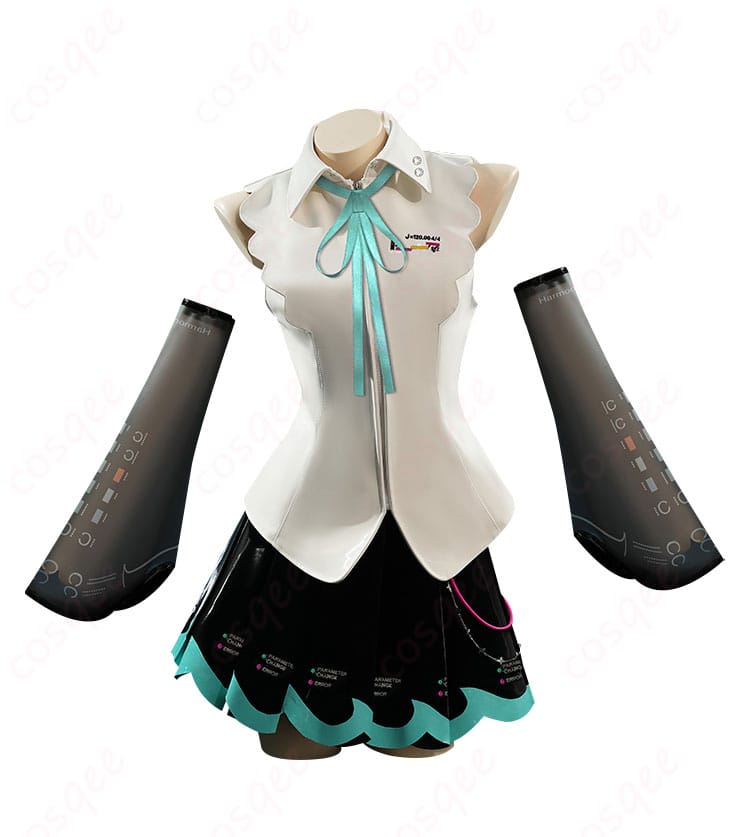 初音ミクのコスプレ衣装の正面画像。ディテールまで忠実に再現された服装。