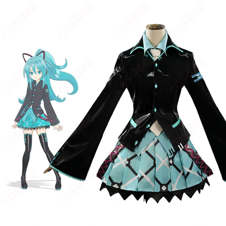 商品服装とキャラクターの組み合わせ画像 - 初音ミクのコスプレ衣装『if』バージョン。彼女の特徴的な水色の衣装を忠実に再現。コスプレ衣装の全体像を確認!