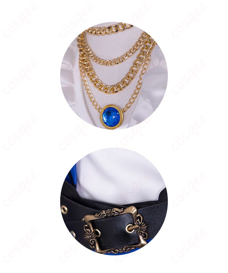 囚人コスプレ衣装のネックアクセサリーと腰回りの装飾細部。細かいディテールがリアルな再現を実現。