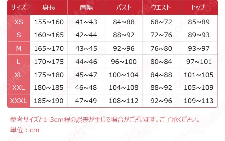 アイデンティティV ホセ・バーデン コスプレ衣装のサイズと対応データ。適切なサイズ選びに役立つ情報です。