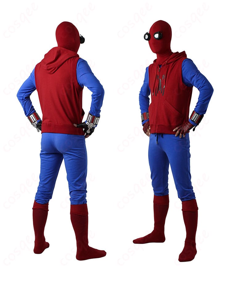 スパイダーマン コスプレ衣装 サイドビューのディテール、ピーター・パーカーのアイコニックなコスチューム