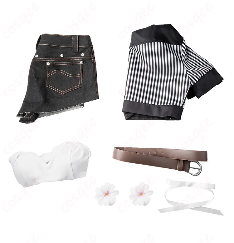 ティファ・ロックハート コスプレ衣装 セット内容の展示画像。コート、ショートパンツ、インナー、ベルト、髪飾り。