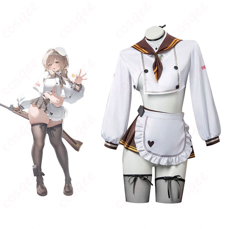 商品服装とキャラクターが一緒に写った画像。ブレッディのコスプレ衣装、ゲーム「NIKKE」キャラクターの忠実再現。
